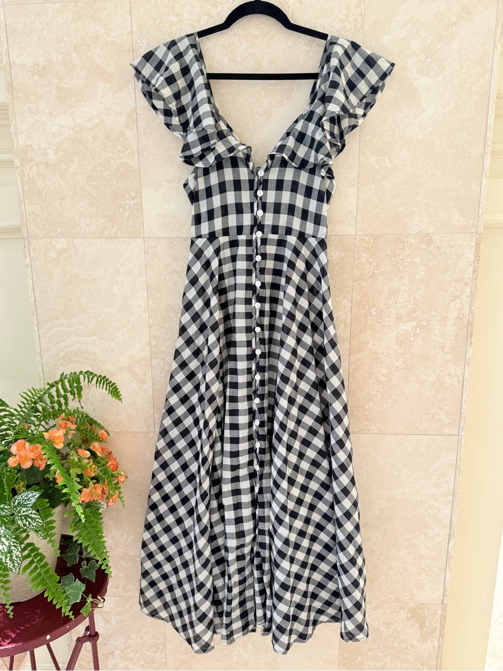 J.Crew Black White Gingham Flutter Sleeve Twirl Midi Dress XXS EUC